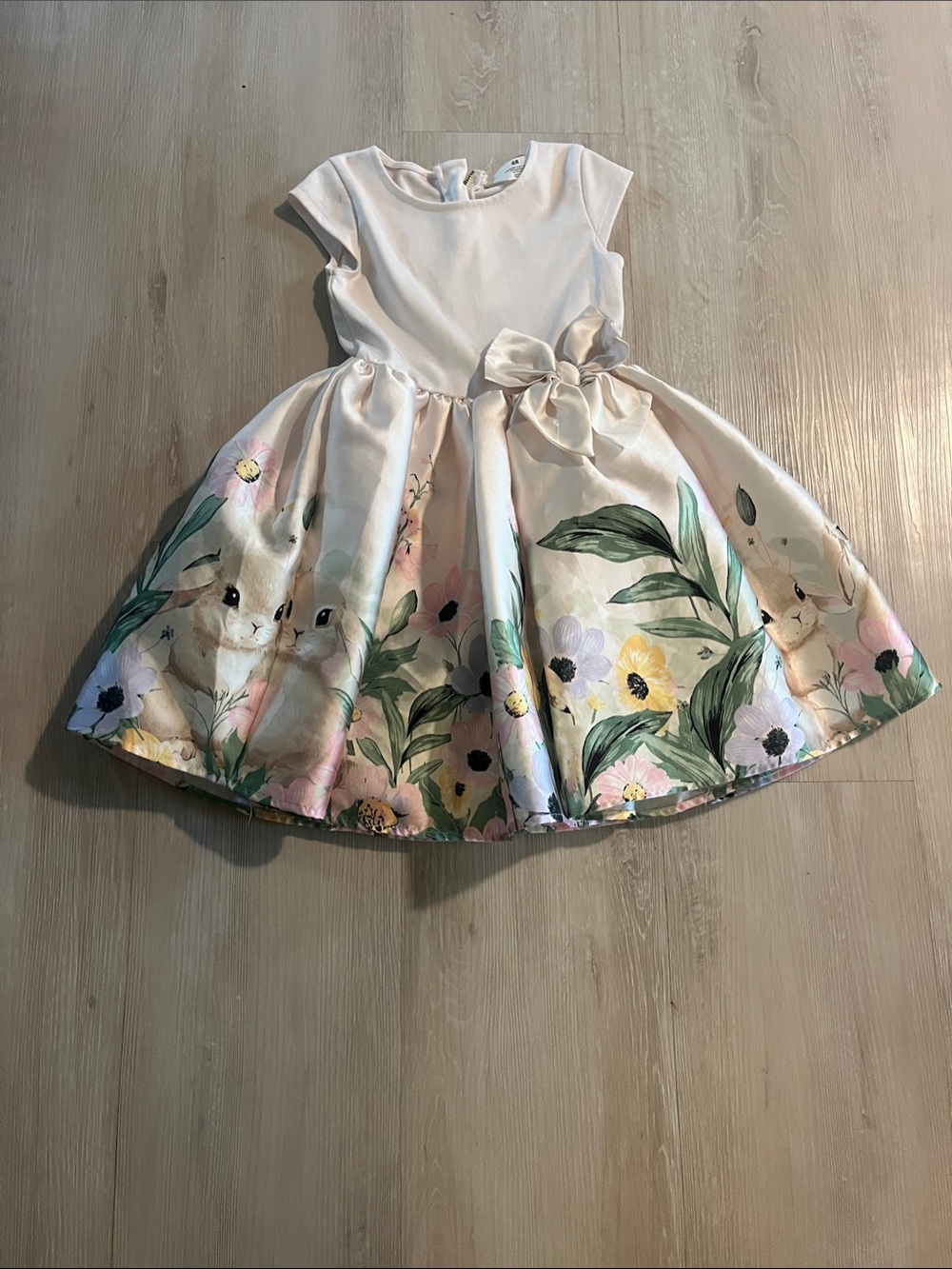 H&M Ivory Fit-and-Flare Dress with Floral & Bunny Print